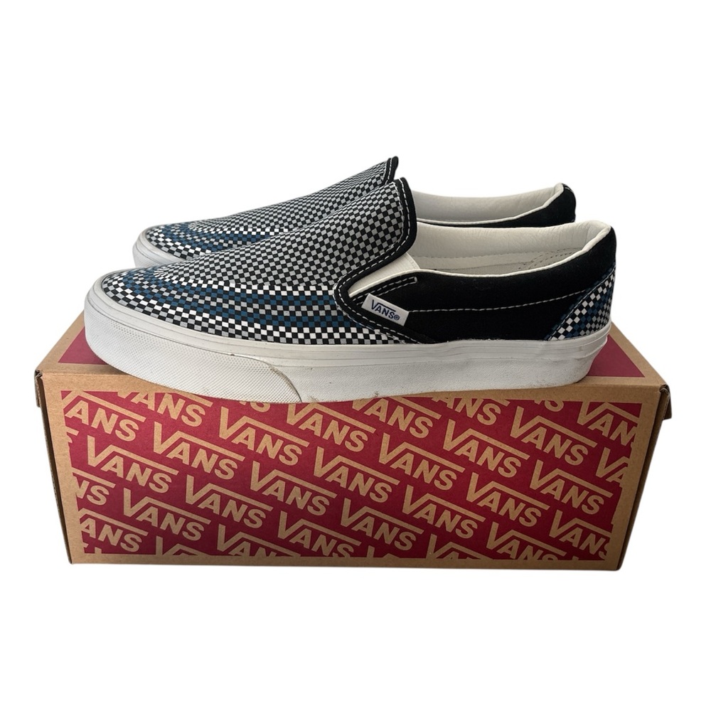 Vans Black/White/Blue Checkered Slip-Ons Womens Size 7.5